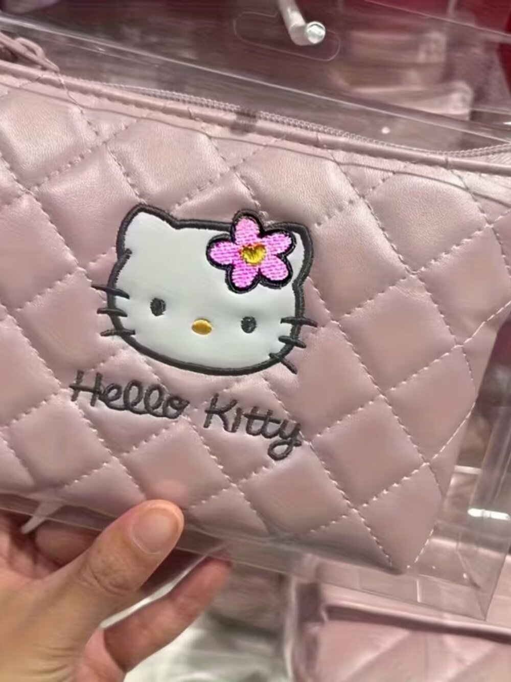 Hello Kitty Pink Quilted Cosmetic Pouch with Flower Patch